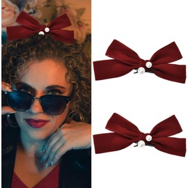 Christmas Hair Accessories Bow Clips for Girls Women Side Bow Hair Clip Velvet Red Christmas Hair Bows Festival Party Christmas Bowknot Barrette Pearl Decor Hair Clip Bow Prom Formal Hair Style Bows (Red, One Size)