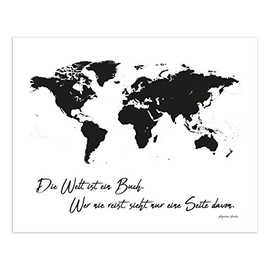 PicsonPaper Poster World Map Black White The World Is A Book. Who Never Travels, Only Sees One Side Of It Unframed 50 cm x 40 cm (Unframed 50 cm x 40 cm)