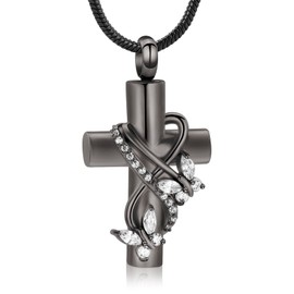 Butterfly Cross Urn Necklace for Ashes Men Women Cremation Jewelry Ashes Pendant for Human Memorial Ash Jewelry (Black)