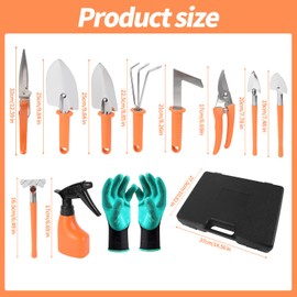 Gardening Tool Set, 11 Pieces Gardening Tools with Carrying Case, Garden Tool Kit for Digging Planting Pruning, Unique Gardening Set with Gloves for Women and Men (Orange)