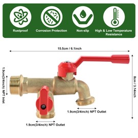 Outdoor Double Taps Water Faucet, Garden Hose Splitter 2 Way, 3/4 inch Wall Mounted Brass Water Tap, Frost-Proof Outside Spigot Replacement with 2 Outlets for Balcony, Lawns, Hose Connector