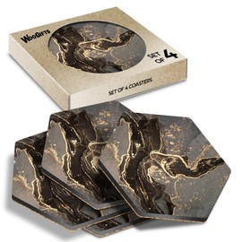 4 x Hexagon Coasters - Black & Gold Style Marble Ink Art Cork Backed MDF Glossy Tea Coffee Accessory #170400