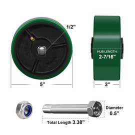 NINOSO 5" x 2" Heavy Duty Caster Wheels, Polyurethane on Cast Iron Wheel, Set of 4 Replacement Industrial Wheels for Cart Toolbox (4 Wheel, Green)