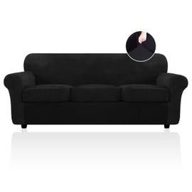 FestiCorp Velvet Sofa Cover for 3 Cushion Couch Sofa Slipcovers for Sofas with 3 Cushions, Stretch 4 Piece Couch Cover, Thick Furniture Covers for Dogs Pets, Sofa, Black