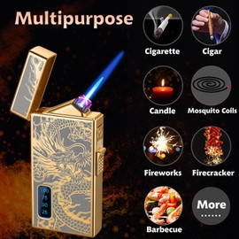 Torch Lighter, Dual Arc Lighter and Jet Flame Torch Lighter 2 in 1，USB Rechargeable Electric Lighter with Battery Indicator, Refillable Butane Windproof Infinity Lighter (Without Butane)-Good Luck