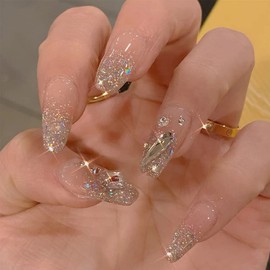 Clataly 24Pcs White Flower Long Coffin Nail Shining Rhinestones French Fake Nails Press on Nails Ballet False Nails for Women Girls (A)