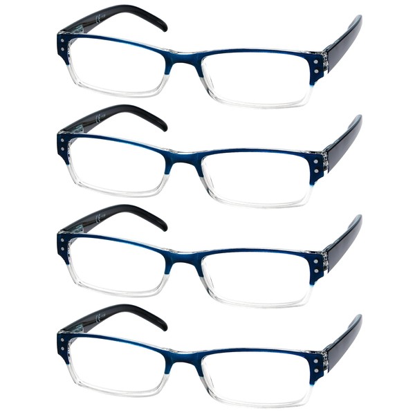 Eyekepper 4-pack Gafas de lectura rectangular con bisagras de resorte azul +4.00