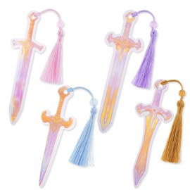 Celavoy Iridescent Sword Bookmark Gifts - 4 Pcs Cool Vintage Stained Glass Bookmarks with Tassels Swords Book Marks Office Home Supplies Gift for Reading Lovers Writers Kids Men Teacher Students