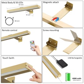 MIOBLUE 2Pack Picture Lights,16in Battery Operated Picture Lights for Paintings,Metal Rechargeable Art Display Light with Remote Control,Dimmable/Timer Off Dartboard Light for Paintings,Picture,Frame