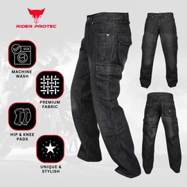 Rider Protec® Mens Motorcycle Pants with Reinforced Aramid Lining Hip and Knee Protective Pads Motorbike Riding Jeans Black