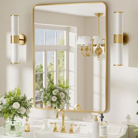 Dimelax 24x36 inch Gold Bathroom Mirror, Brushed Gold Metal Framed Rounded Rectangle Wall Mount Vanity Mirror, HD Tempered Glass, Aluminum Frame, Horizontal or Vertical Hanging, Modern Home Decor