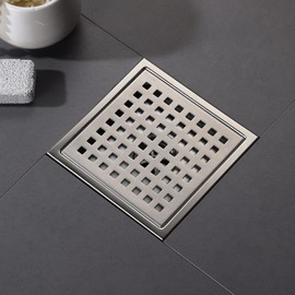 SISEHO 6 Inch Shower Drain Brushed Nickel Square With Adjustable Shower Drain Base Flange SUS304 Stainless Steel Floor Drain Cover Removable Mesh Grille