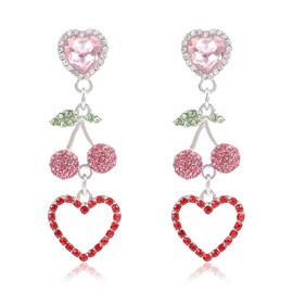 Cherry Earrings for Women Cute Pink Cherry Dangle Earrings Rhinestone Sweet Drop Earrings Pink Love Heart Earrings Jewelry Gifts for Girls