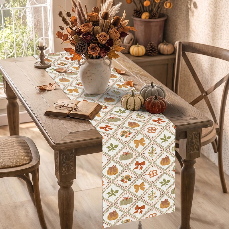 Baccessor Fall Pumpkin Bow Maple Leaf Table Runner Farmhouse 13x36