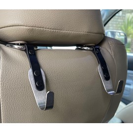 IQ Labs Car Headrest Hanger Purse Hooks 2 Pack Black Premium Leather Stainless Steel Car Seat Head Rest Storage Organizer Universal for Handbag Purse Vehicle Car Black
