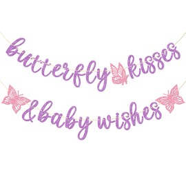 Butterfly Kisses and Baby Wishes Banner, Butterfly Themed Baby Shower Decorations for Girl, Pre-assembled (Purple)