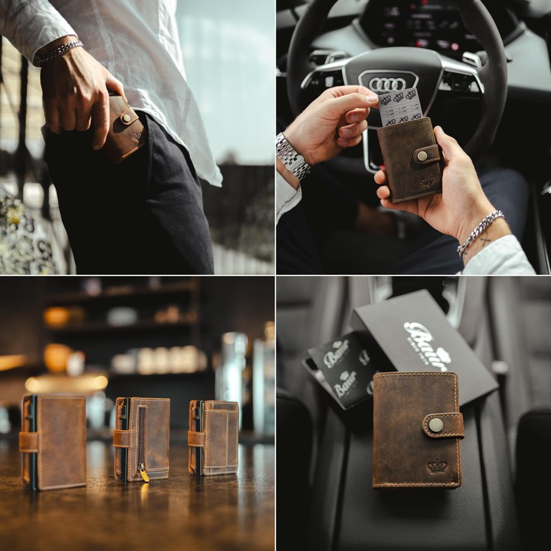BAUR Slim Wallet with Coin Compartment, Genuine Leather Credit Card