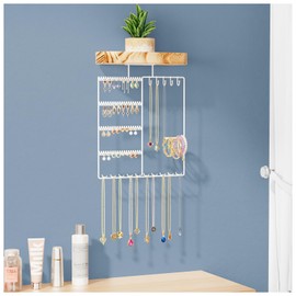 Lolalet Hanging Jewelry Organizer with Wood Shelf, 6-Tier Wall Mount Jewelry Holder with Earrings Holder Bracelets Holder Necklaces Hooks, Jewelry Display Rack for Wall Bathroom -White
