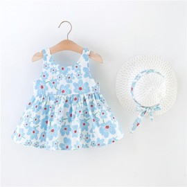 Toddler Baby Girls Summer Sleeveless Dress Holiday Hawaii Princess Beach Sundress Floral Print Dresses with Straw Hat(Blue,6-12M)