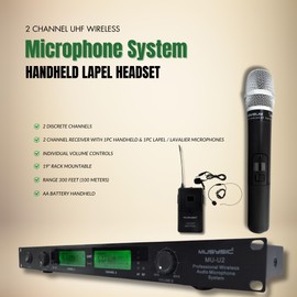 MUSYSIC U2HL 2-Channel Professional UHF Handheld & Lapel/Lavalier & Headset Wireless Microphone System (FCC Compliance)