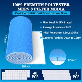 MERV 8 Air Vent Filters, 12" x 90"X 2Roll Cut to Fit Air Filter Material (100+ Filters),Electrostatic Triple Vent Filters for Floor, Ceiling, HVAC & RV Vents, Includes 48 Adhesive Hook Tape