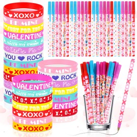 60 Pcs Valentine's Day Pens Rubber Bracelets Set 30 Pcs Heart Pens Bulk Ballpoint Pens 30 Pcs Silicone Wristbands Valentine Bracelet Valentine's Day Party Favors for Class Kid Student School Office