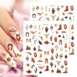 JIEYAO 2 Sheets Retro Cowboy Nail Art Stickers, Western Cowboy Style Self-Adhesive DIY 5D Embossed Nail Decals Brown Cowboy Hat Boots Designs Nail Stickers Retro Nail Art Decals for Phone Cases