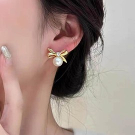 Cimenexe Bohemian Crystal Bow Stud Earrings Gold Cz Bow Tie Pearl Earrings Round Pearl Stud Earrings Small Rhinestone Bow Earrings Jewelry for Women