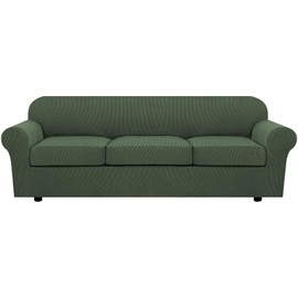 H.VERSAILTEX 4 Piece Stretch Sofa Covers for 3 Cushion Couch Covers for Living Room Furniture Slipcovers (Base Cover Plus 3 Seat Cushion Covers) Thicker Jacquard Fabric (Large Sofa, Bronze Green)