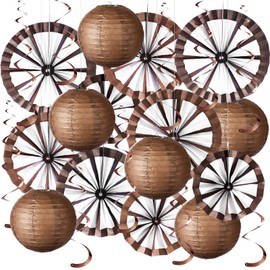 Outus 25 Pcs Western Cowboy Party Decoration Included Paper Fans Paper Lanterns Foil Hanging Swirls Country Western Hanging Decor for Wild West Rodeo Birthday Wedding Supplies(Brown,Wagon Wheel)