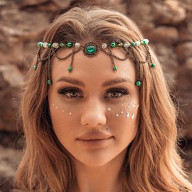 Fashband Boho Green Pearl Head Chain Vintage Festival Hair Accessories Bridal Wedding Headpiece for Women and Girls