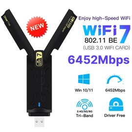 USB 3.0 Gaming WiFi 7 Card Driver Free with 8912AU Chipset(BE6500) USB Wireless Adapter Tri-Band High Speed Network Card for Desktop & Laptop, 802.11ac/ax/be Compatible, Plug & Play for Windows 11/10
