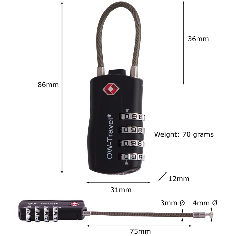 OW-Travel Cable Lock 4 Digit Combination Lock Suitcase Lock Padlock
