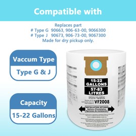 10 Pack Vaccum Bags Compatible for Shop Vac 15-22 Gallon Vac Dust Bags,Type G 90663 9066300;Type J 90673 9067300,VF2008 Vacuum Disposable Collection Filter Bag