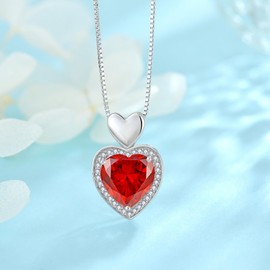 FJ Love Heart Necklaces for Women 925 Sterling Silver Garnet Necklace January Birthstone Pendant Birthday Anniversary Mothers Day Christmas Valentines Jewellery Gifts for Her