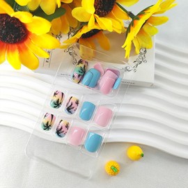 Short Press on Nails Square Fake Nails with Coconut Palm Designs Blue Pink Acrylic Nails Summer Nails Press ons Glossy Glue on Nails Artificial False Nails Cute Stick on Nails for Women 24Pcs