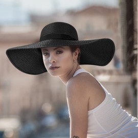 Womens Sun Hat UV Protection Wide Brim Beach Hat Floppy Foldable Roll-Up Straw Hats for Women UPF 50, C Black