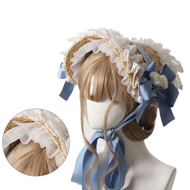 Tea Party Sun Hat Straw Plaited Lace Ribbon Tie Flowers