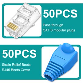 Brileine UTP RJ45 Connectors, Cat6 RJ45 Pass Through Plugs 50-Pack, Cat6 RJ45 Plugs with 50-Pack Strain Relief Boots for Solid or Standard Ethernet Cables, Transparent
