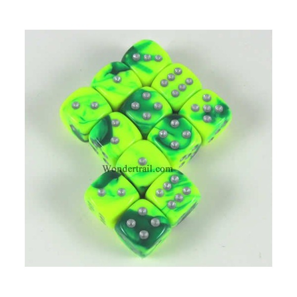 Green Yellow Gemini with Silver Pips 12mm D6 Dice Set of 12 Wondertrail WCX26854E12