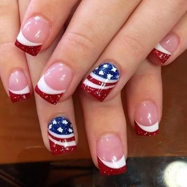 Independence Day Press on Nails Short Square Fake Nails with Glitter Star Designs Red White French Tip Nails Press ons 4th of July Acrylic Nails Blue False Nails Nude Stick on Nails for Women 24Pcs