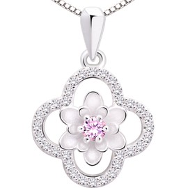 ALOV Jewelry Sterling Silver Four Leaf Clover Cubic Zirconia Pendant Necklace (Pink)
