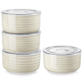 vancasso Bonbon Ceramic Bowls with Lids Set of 4, 36 oz Microwave Safe Soup Bowls, Airtight Food Storage Containers for Meal Prep, Salad, Cereal, Leftovers, Lunch, and Serving, Beige
