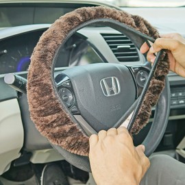 Fuzzy Steering Wheel Cover Elastic Stretch Plush Brown Universal Fit 14" - 16" Diameter Wheel - Non-slip Cushion Protector