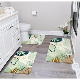 Uphome Bathroom Rugs Sets 3 Piece, Cute Green Plant Bath Mat Set with U Shaped Toilet Rug, Abstract Non Slip Washable Bath Rugs, Soft Velvet Toilet Rugs, Mid Centry Boho Bath Rugs for Toilet Sink Tub