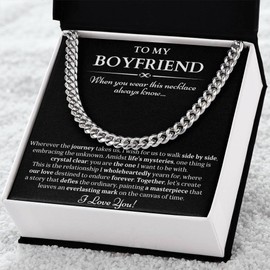 To My Boyfriend Necklace Chain, Gifts for Bf, Boyfriend's Birthday Gift from Girlfriend, Promise Necklace for Him, Relationship Jewelry Gift, To My Soulmate Cuban Link Chain, Long Distance Couple Necklaces, Valentines Day Present (Standard Box Silver Cha