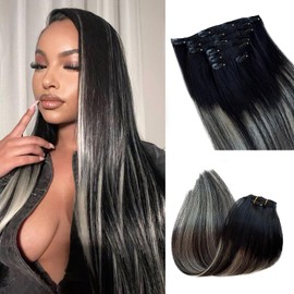 22 Inch Clip in Hair Extensions - 7PCS Natural Black Mixed Silver Grey Long Straight Human Hair Double Weft Ombre Remy Extensions With Highlights