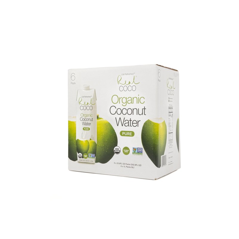 Real Coco Organic Pure Coconut Water (6-Pack 1L), USDA Organic,