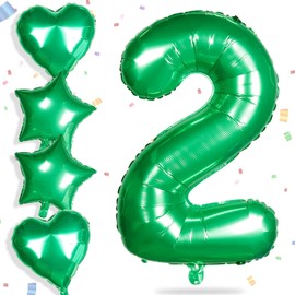 Yiran Large Number 2 Foil Balloons, 32 Inch Green with 18in Heart Balloons for Boys Girls Birthday Party