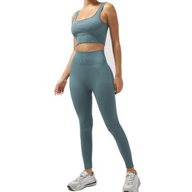 SHEKINI Workout Outfits for Women 2 Piece Set Seamless Sports Bra Ribbed Leggings Sets Crop Top Tracksuits Set High Waist